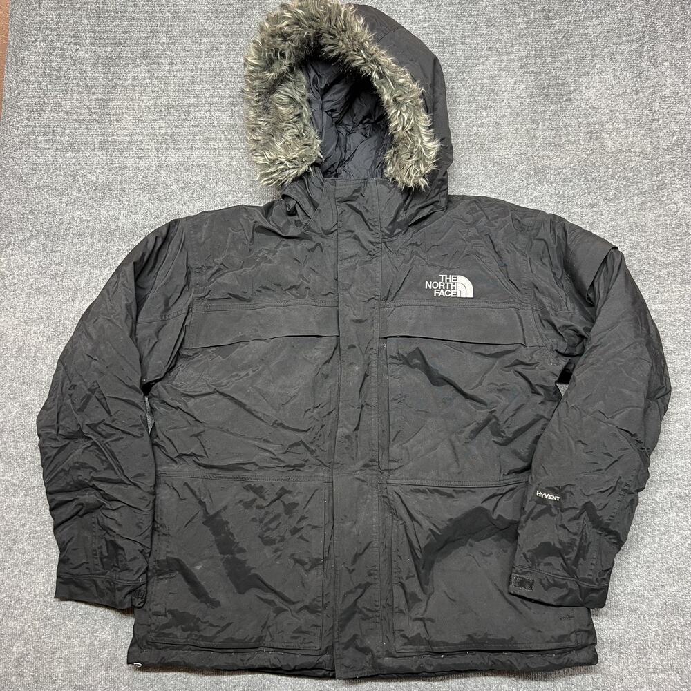 The North Face Jacket Mens 2XL Black HyVent Down Parka Hooded Fur Trim Winter